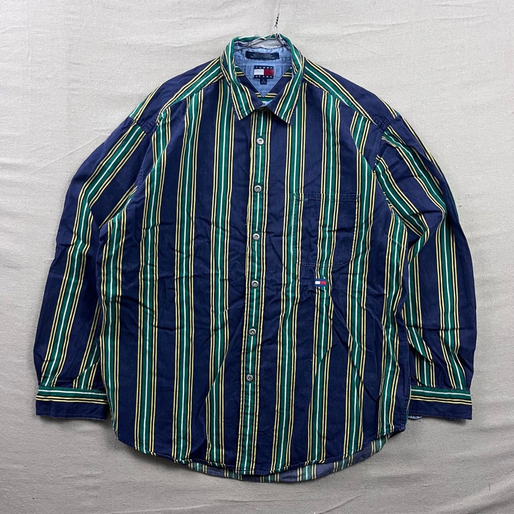 Tommy Jeans Button Down Shirt Mens XL Navy Blue Striped Vintage 90s‎